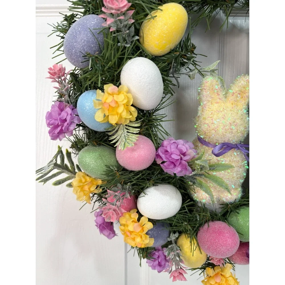 Easter Spring Eggs and Bunny Cute Colorful Wreath Handmade Home Decor